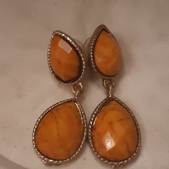 Gold Tone and Yellow Stone Earrings - Picture 1 of 3